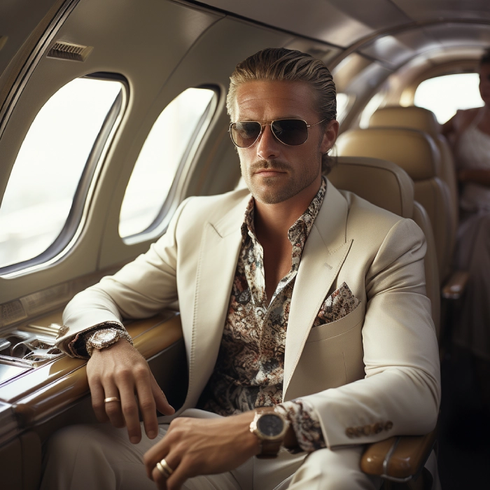an accomplished and stylish man on a private jet